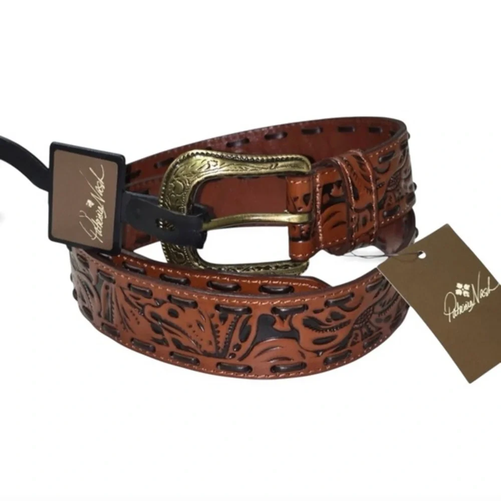 Patricia Nash tooled leather brown belt, black detail and stitching, size L. NWT